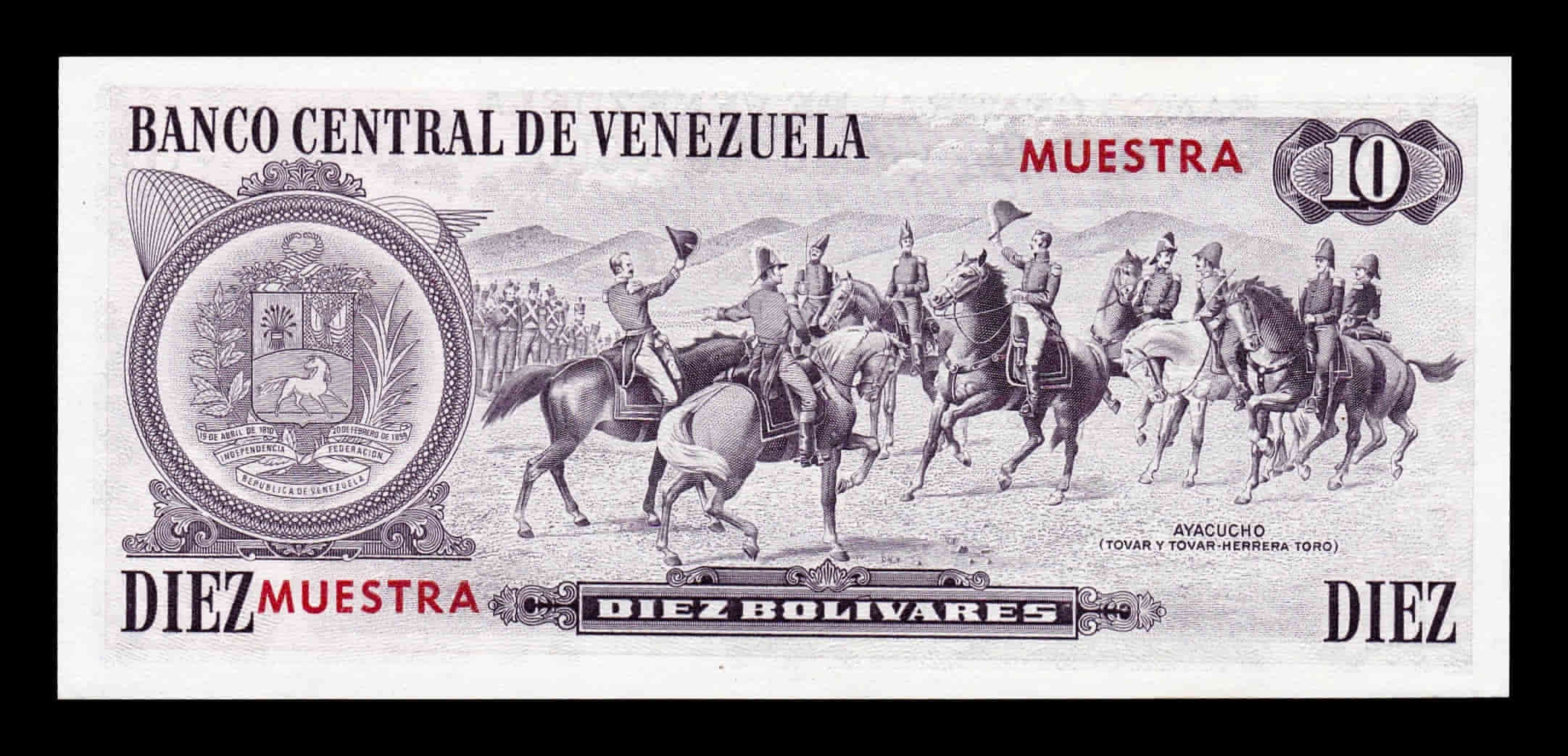 Alternative view of Venezuela 10 Bolívares 1981 Pick 60s Specimen Sc Unc