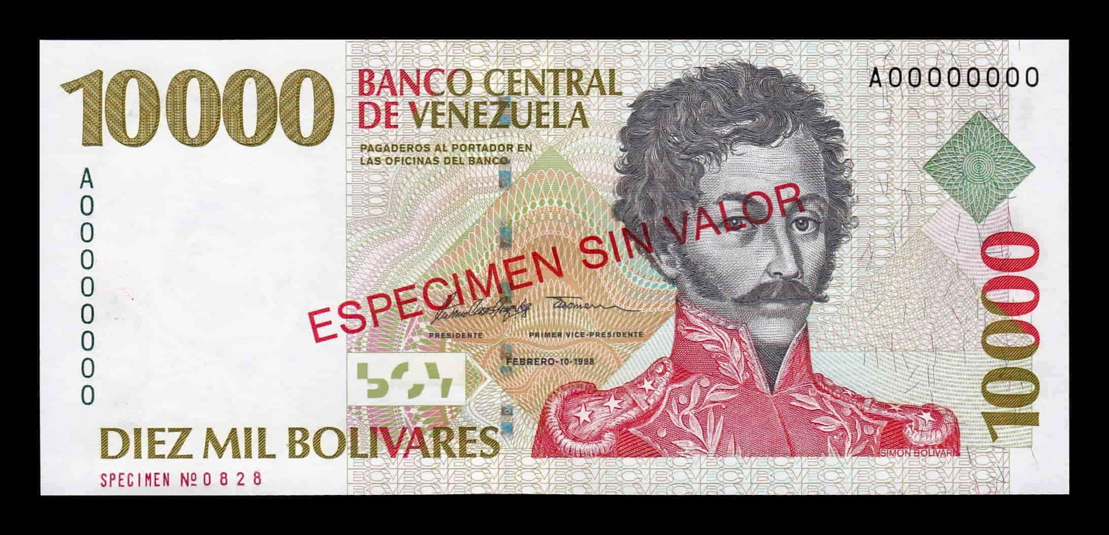 Venezuela 10000 Bolívares Simón Bolívar 1998 Pick 81s Specimen SC UNC