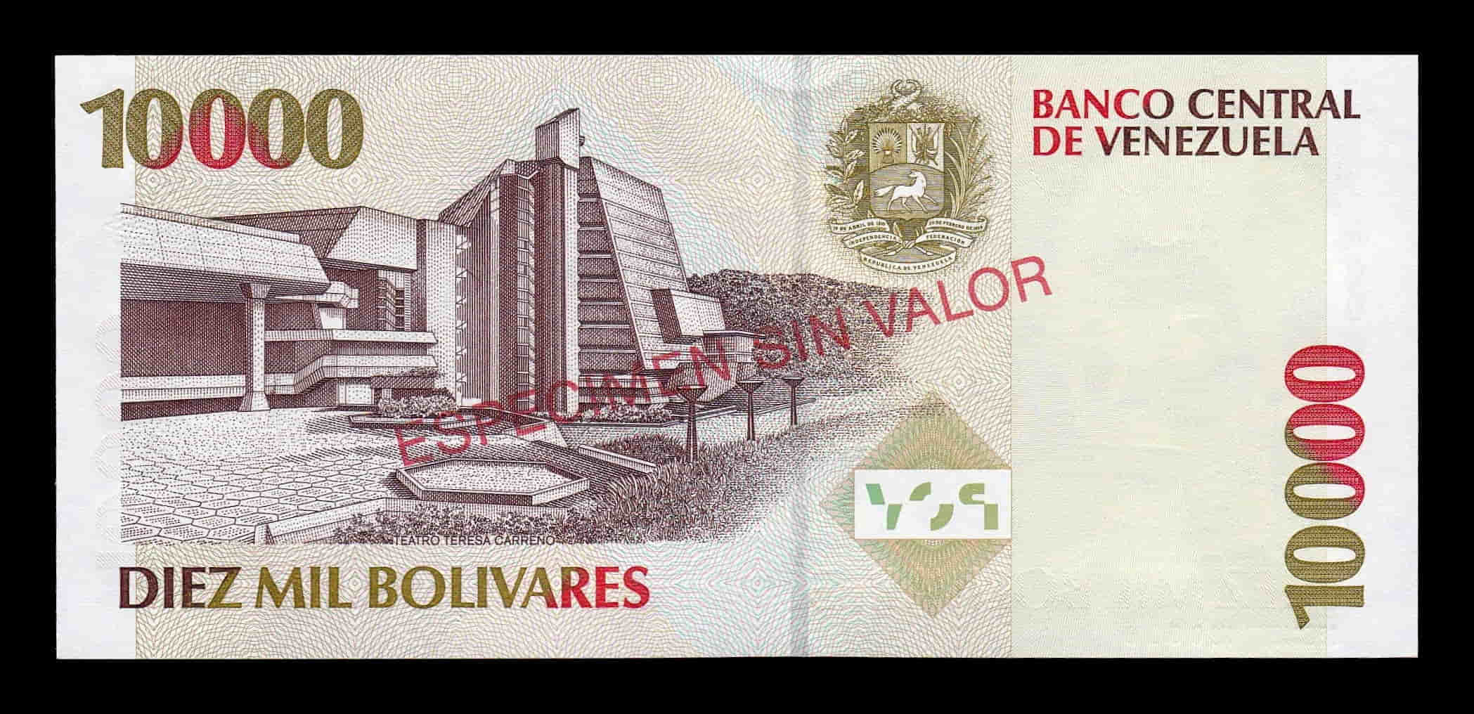 Alternative view of Venezuela 10000 Bolívares Simón Bolívar 1998 Pick 81s Specimen SC UNC