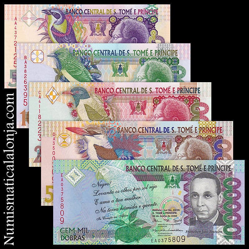 Santo Tome y Principe Set 5 billetes 5000 10000 20000 50000 100000 Dobras 2010-2013 Pick 65 66 67 68 69 Sc Unc