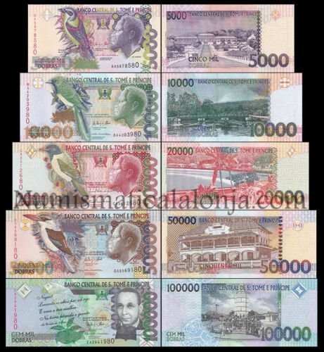 Alternative view of Santo Tome y Principe Set 5 billetes 5000 10000 20000 50000 100000 Dobras 2010-2013 Pick 65 66 67 68 69 Sc Unc