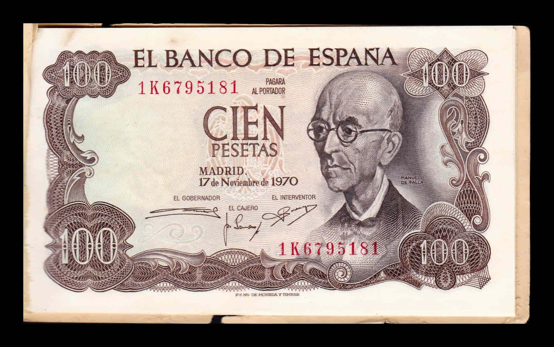 Alternative view of España Talonario 10 Billetes Correlativos 100 Pesetas Manuel de Falla 1970 Pick 152 Sc Unc