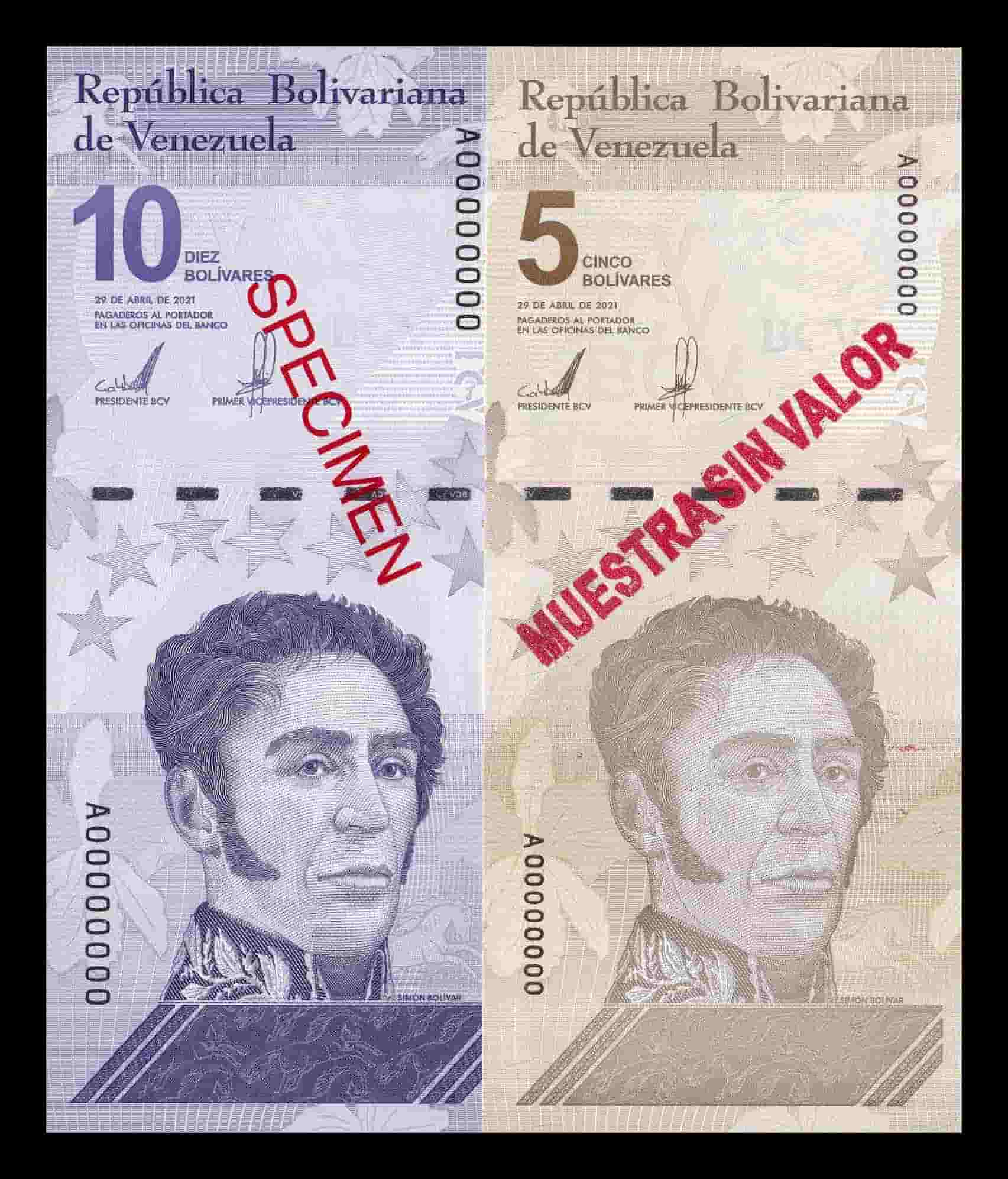 Alternative view of Venezuela Set 5 10 Bolívares Conmemorativo 2021 Pick Nuevo Specimen SC UNC