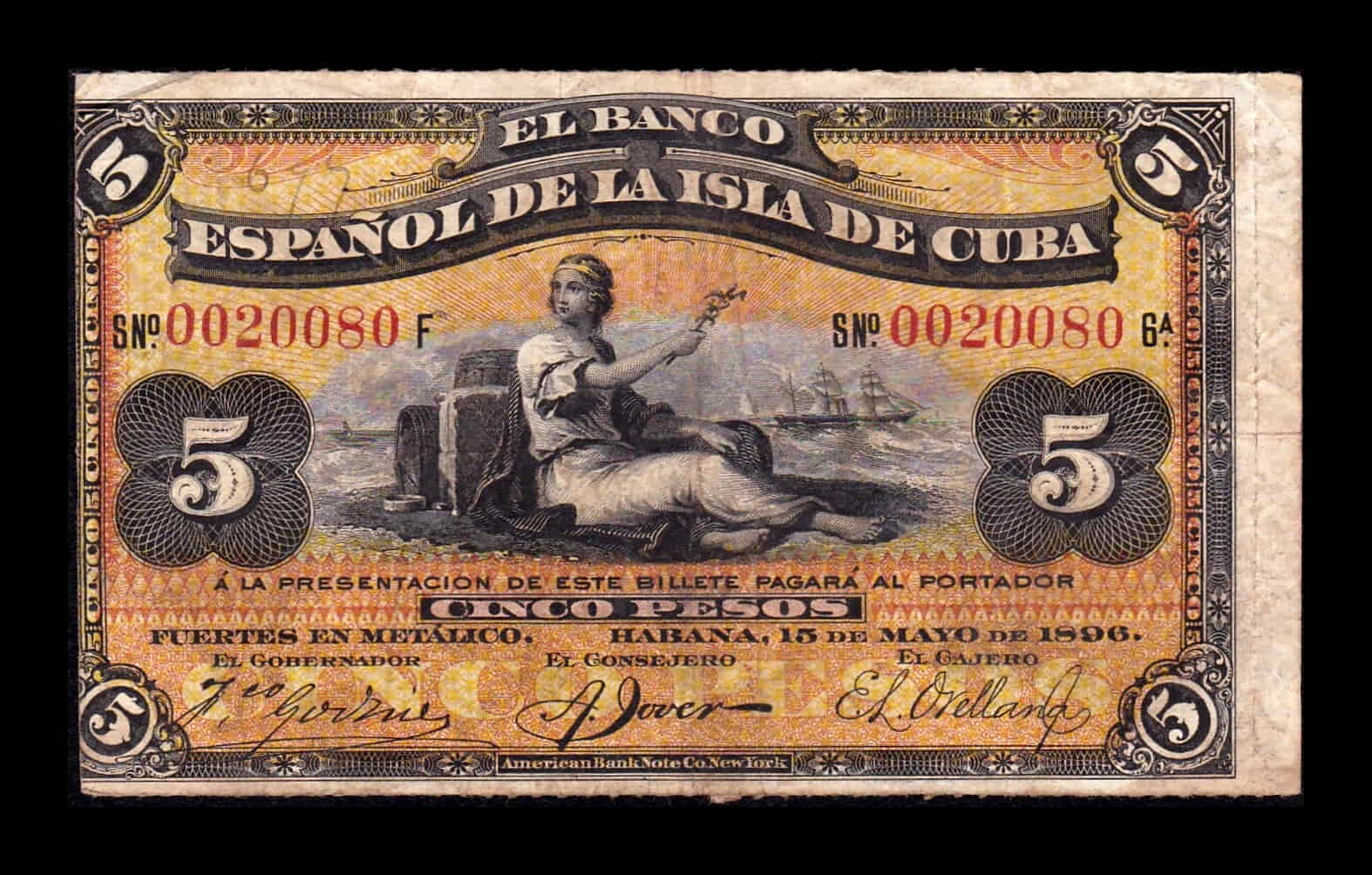 Cuba 5 Pesos 1896 Pick 48a Raro Sin Sobrecarga Plata Bc/Mbc F/Vf