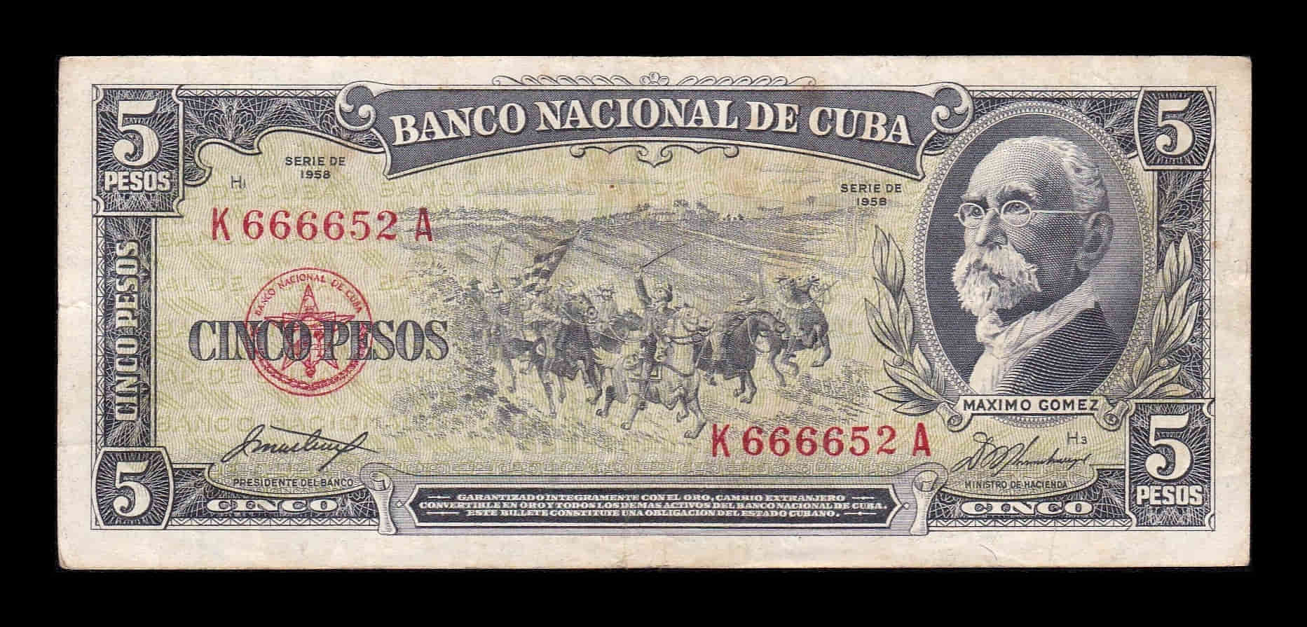 Cuba 5 Pesos Máximo Gómez 1958 Pick 91a Bc/Mbc F/Vf