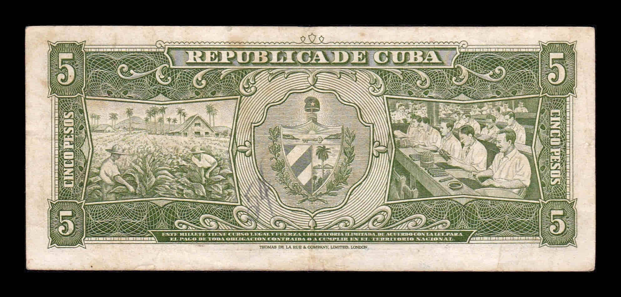 Alternative view of Cuba 5 Pesos Máximo Gómez 1958 Pick 91a Bc/Mbc F/Vf