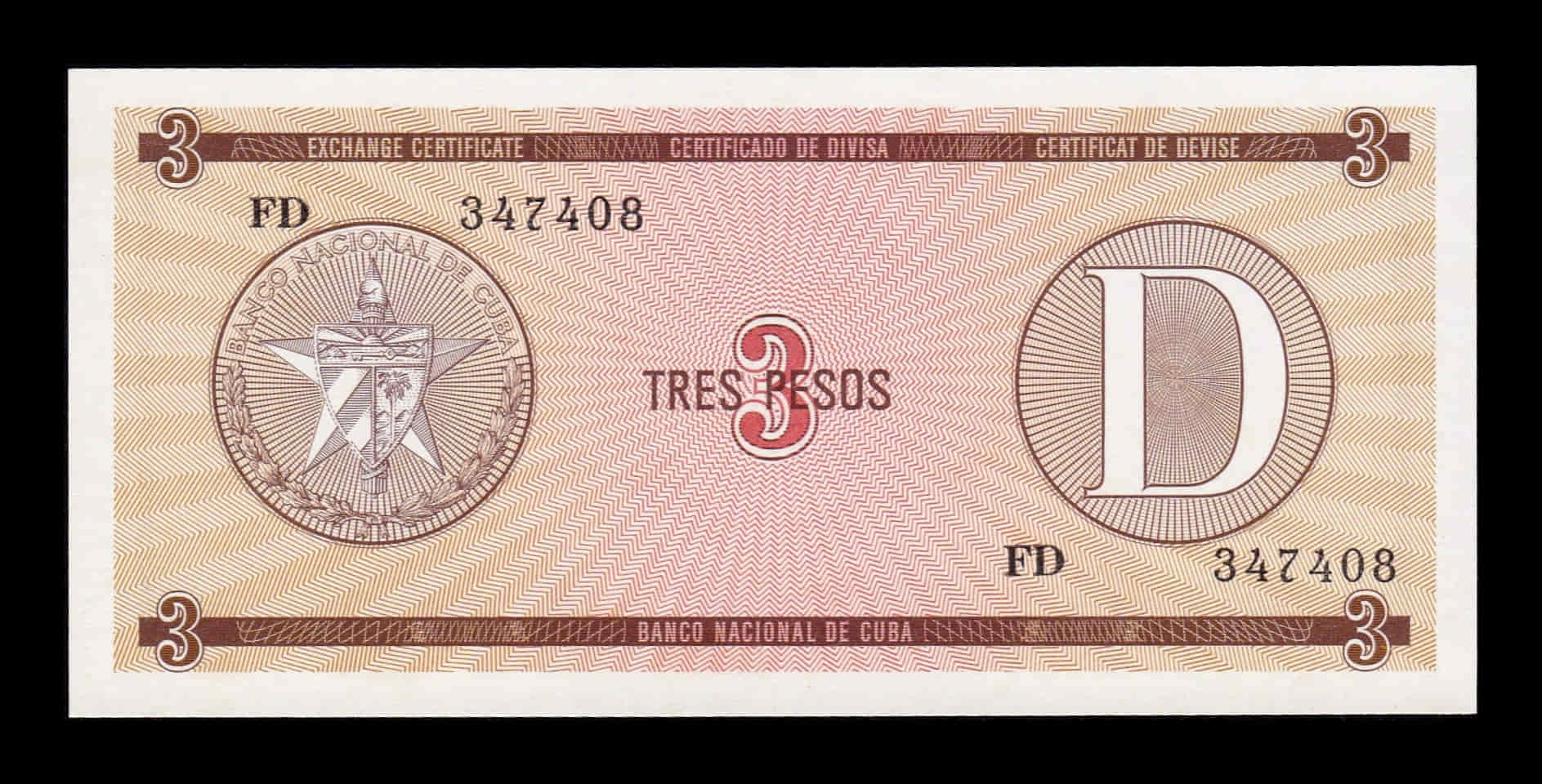 Cuba 3 Pesos Certificado De Divisa 1985 Serie D Pick FX33 Sc Unc