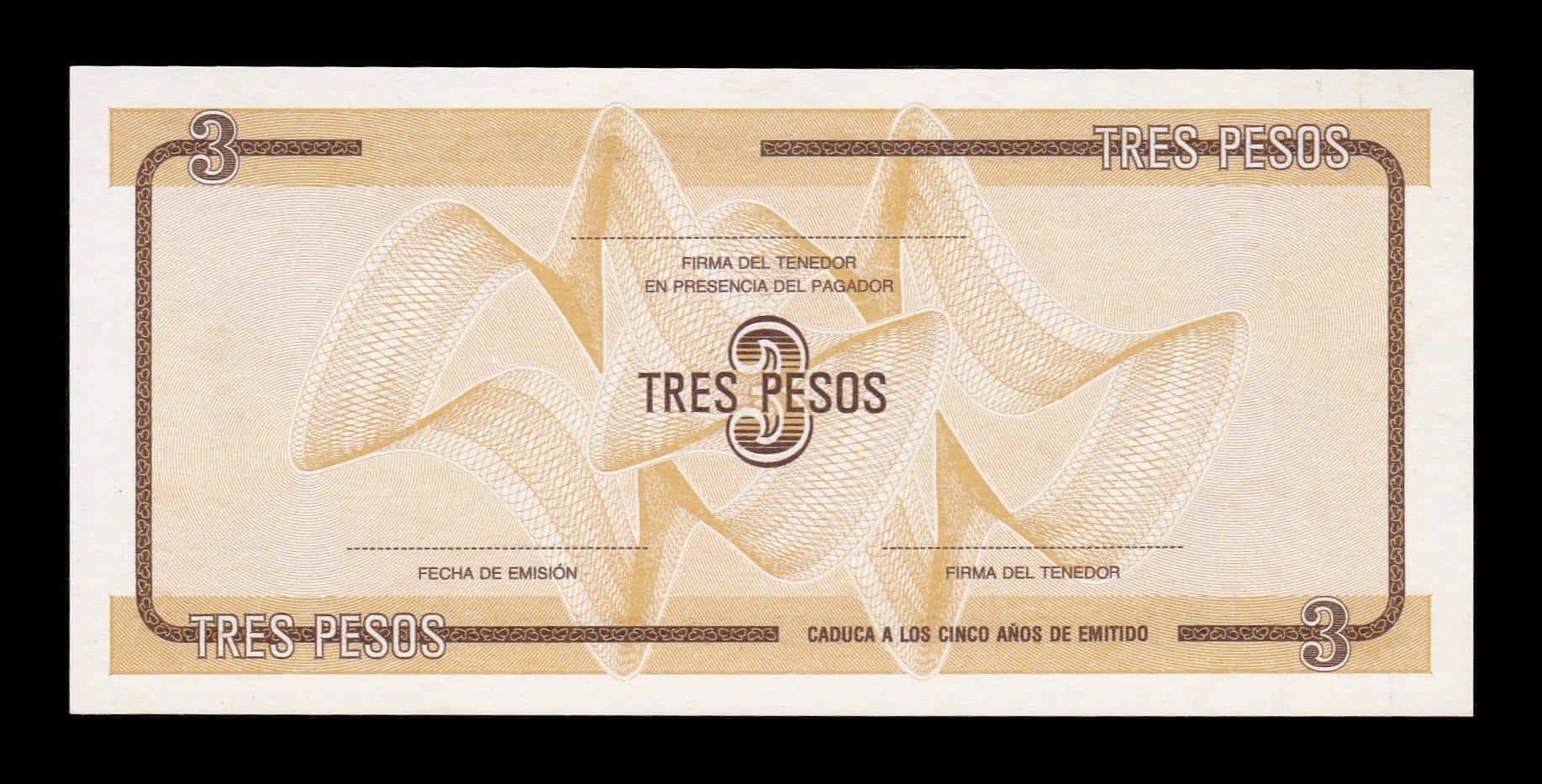 Alternative view of Cuba 3 Pesos Certificado De Divisa 1985 Serie D Pick FX33 Sc Unc