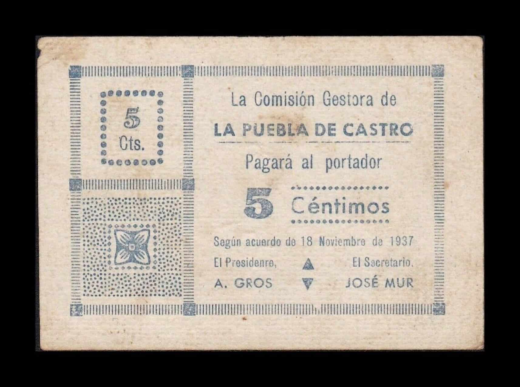 España Billete Local Guerra Civil La Puebla de Castro Huesca 5 Céntimos 1937 MBC VF
