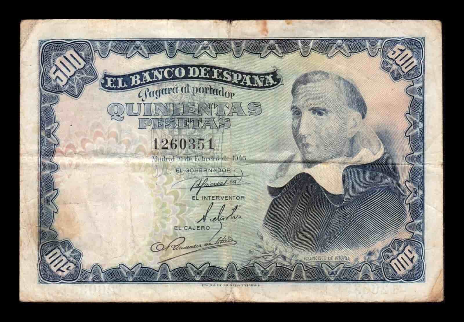 España 500 Pesetas Francisco de Vitoria 1946 Pick 132 BC/+ F/+