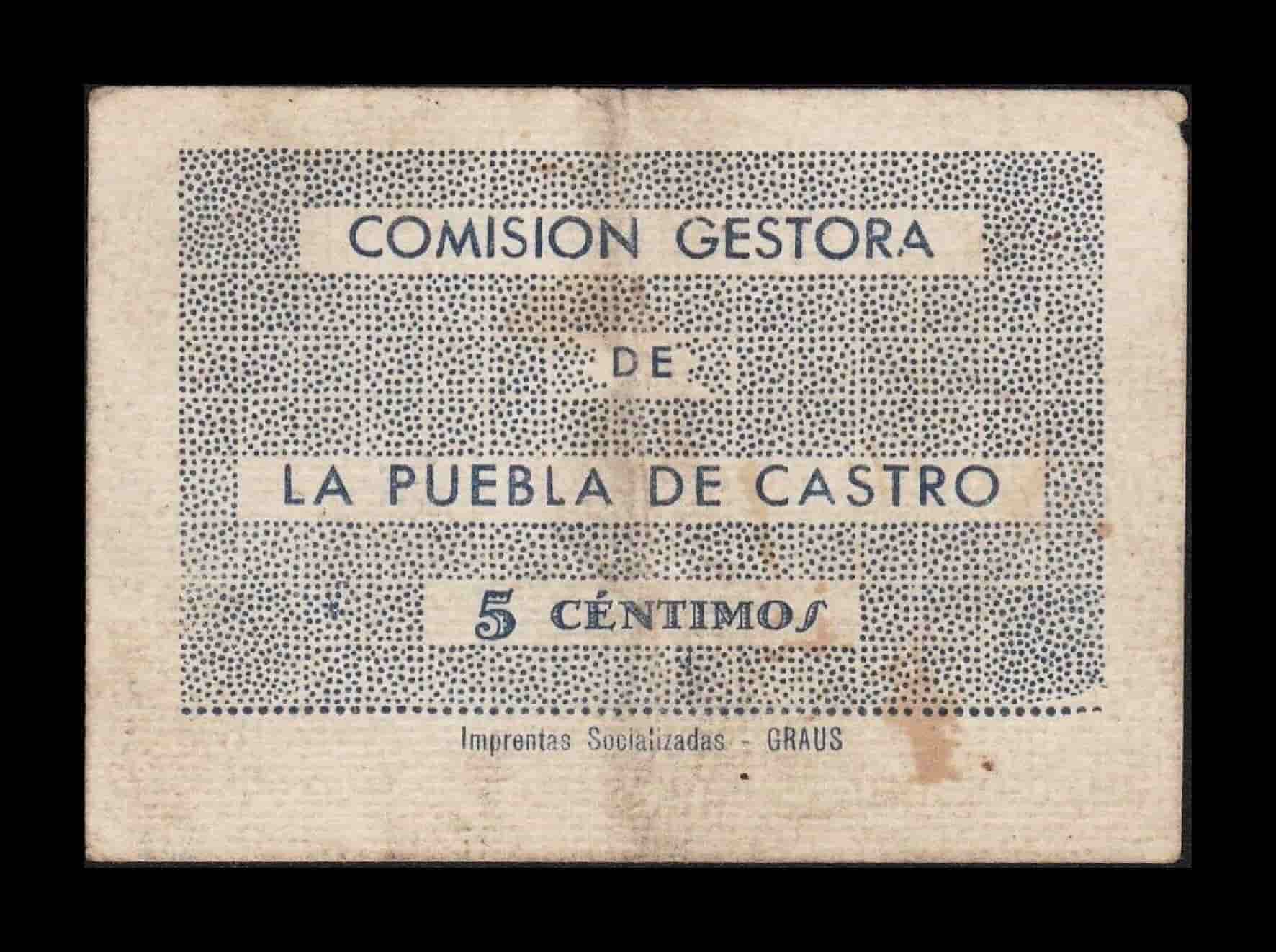 Alternative view of España Billete Local Guerra Civil La Puebla de Castro Huesca 5 Céntimos 1937 MBC VF