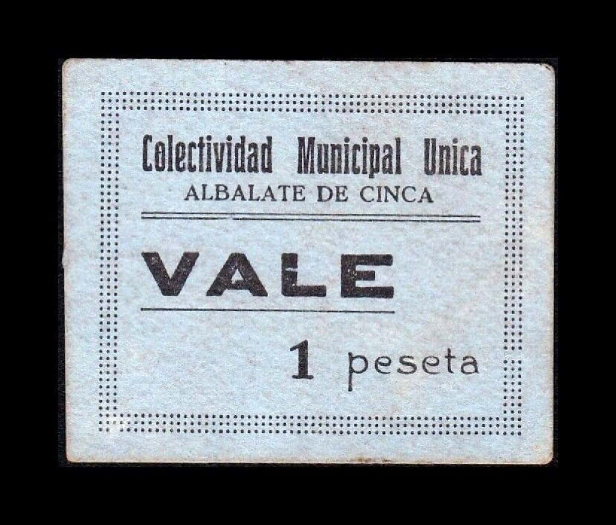 España Billete Local Guerra Civil Albalate de Cinca Huesca 1 Peseta 1937 MBC+ VF+