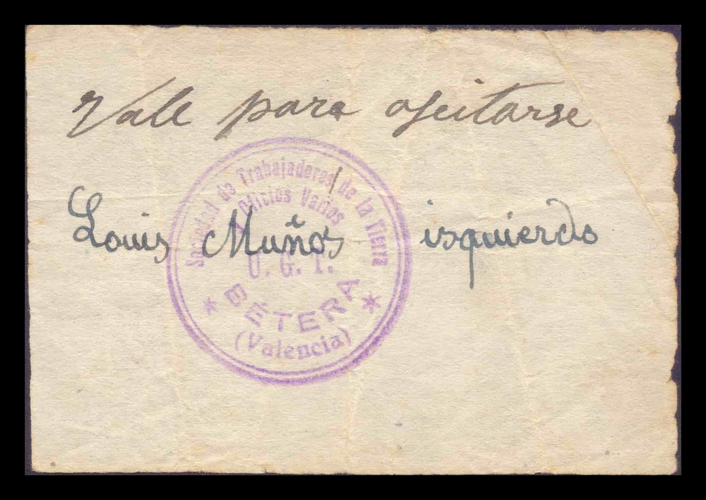 España Billete Local Guerra Civil "Vale para afeitarse" Bétera Valencia 1937
