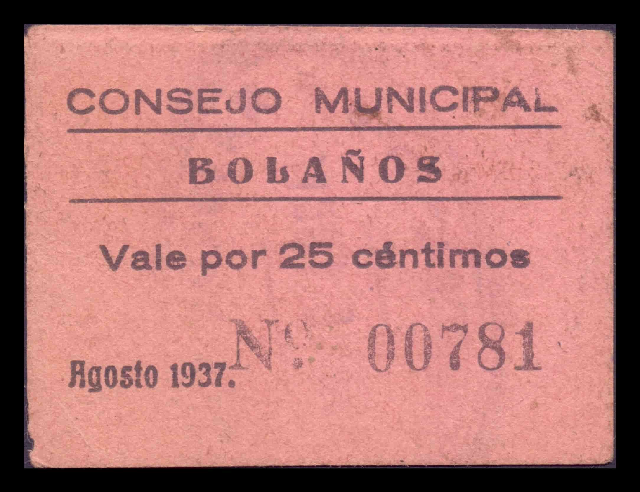 España Billete Local Guerra Civil Bolaños Ciudad Real 25 Céntimos 1937 MBC VF