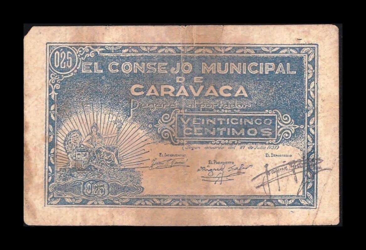 España Billete Local Guerra Civil Caravaca Murcia 0,25 Peseta 1937 BC+ F+
