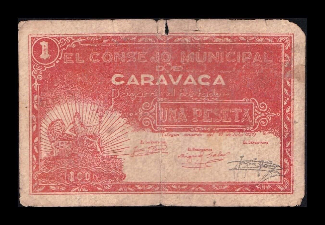 España Billete Local Guerra Civil Caravaca Murcia 1 Peseta 1937 BC F