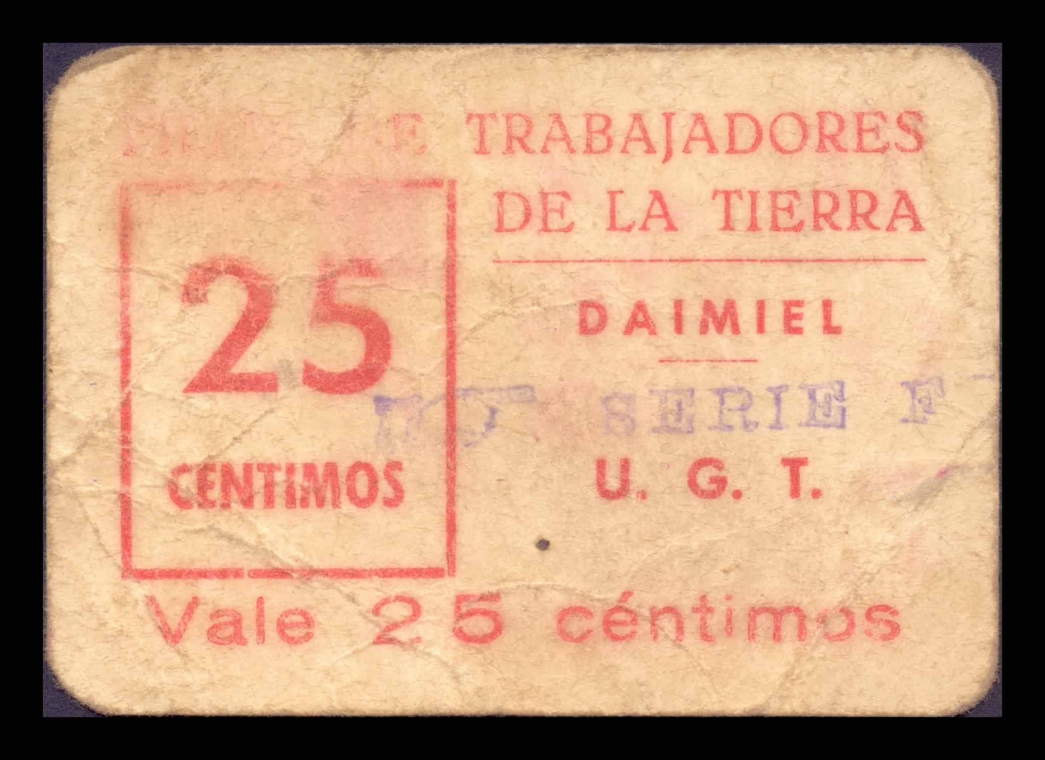 España Billete Local Guerra Civil Daimiel Ciudad Real 25 Céntimos 1936-1937 BC/+ F/+