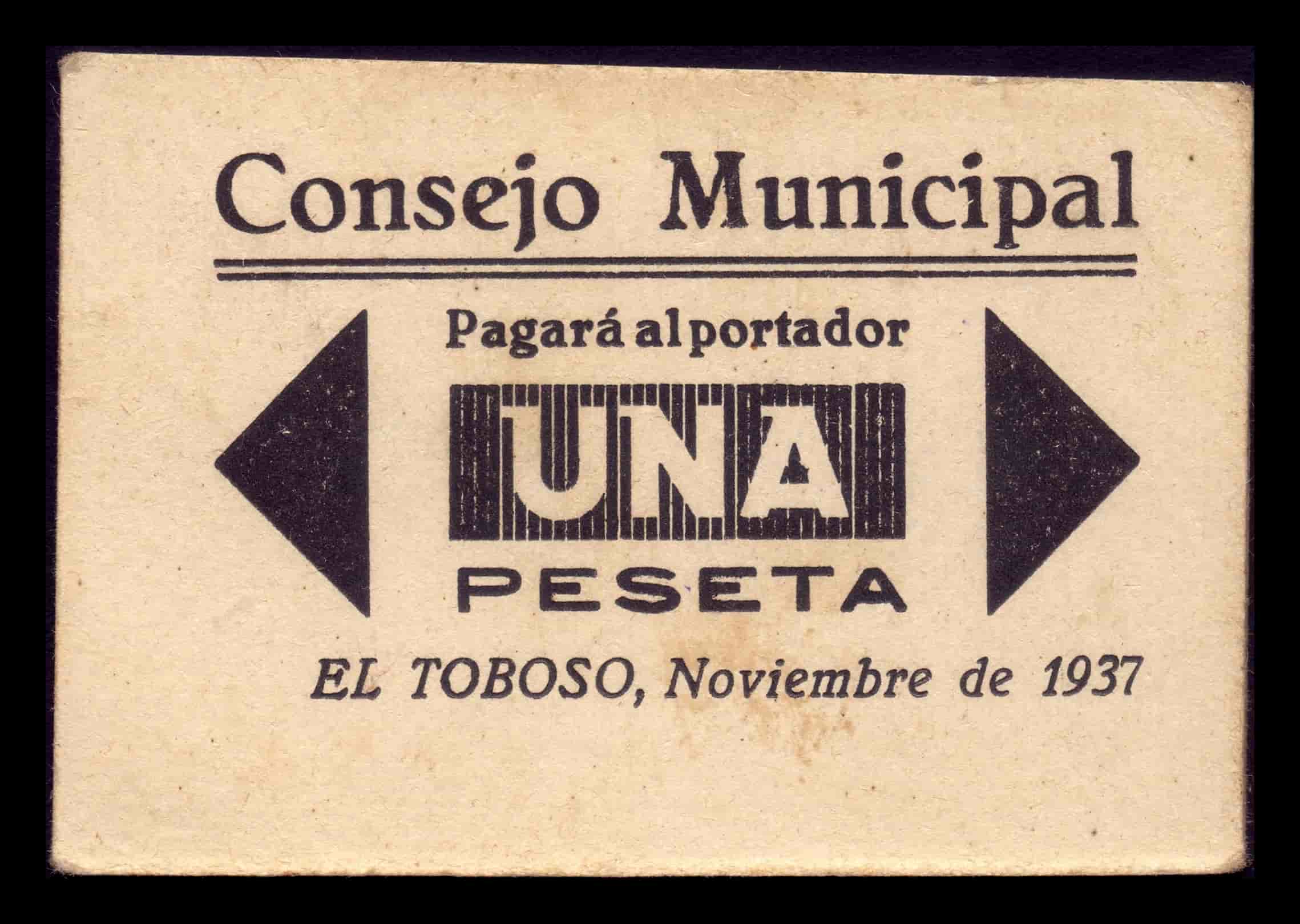 España Billete Local Guerra Civil El Toboso Toledo 1 Peseta 1937 EBC+ XF+