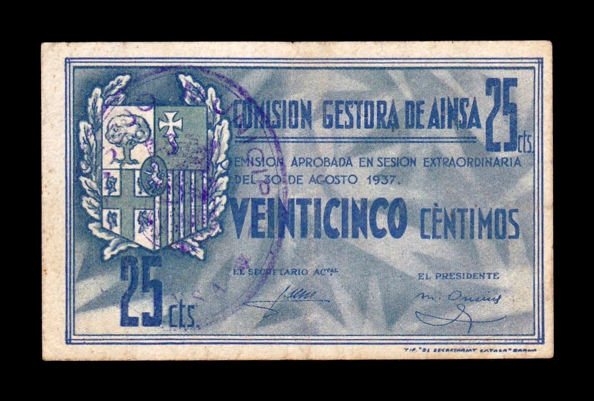 España Billete Local Guerra Civil Ainsa Huesca 25 Céntimos 1937 MBC+ VF+