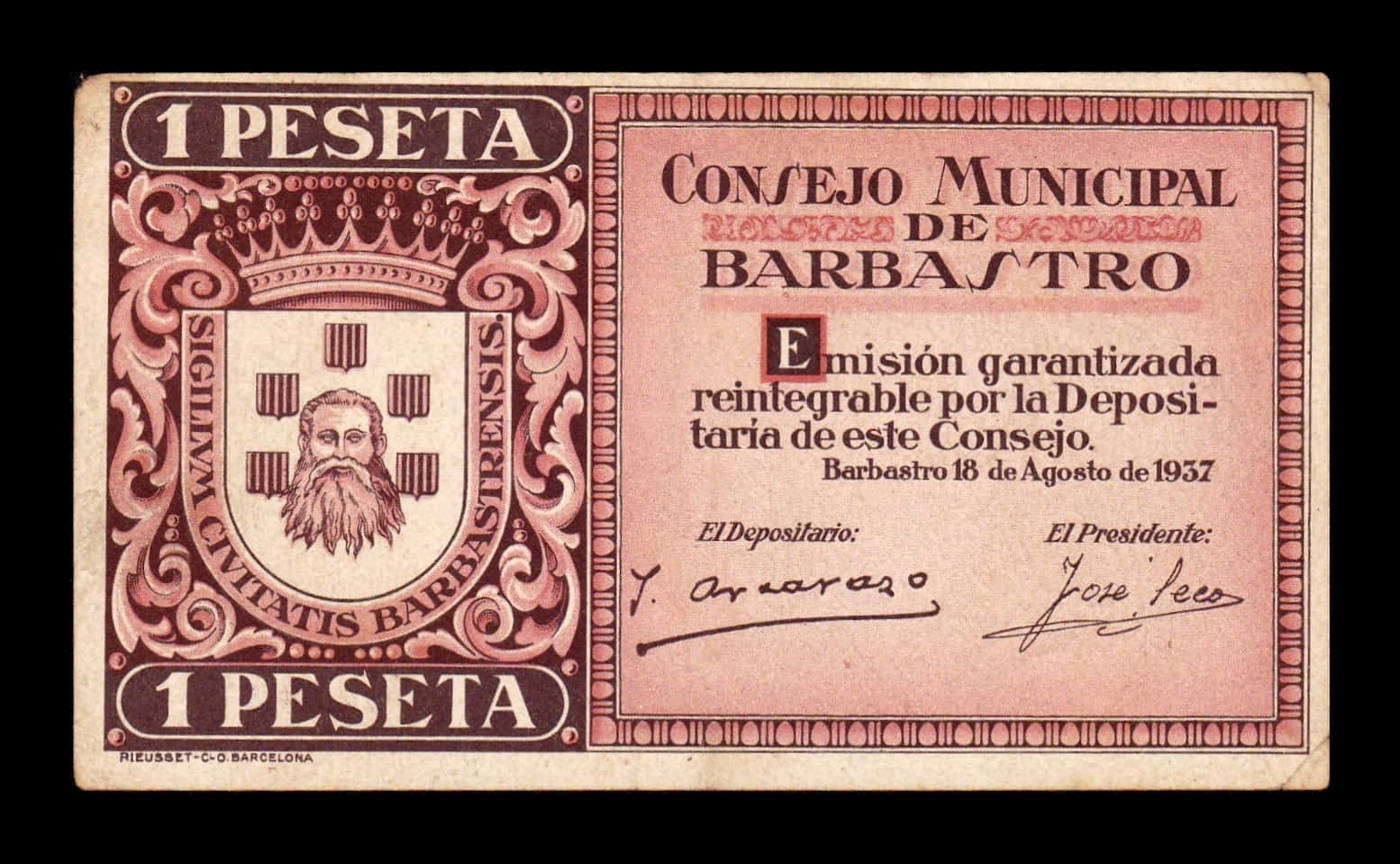 España Billete Local Guerra Civil Barbastro Huesca 1 Peseta 1937 EBC XF