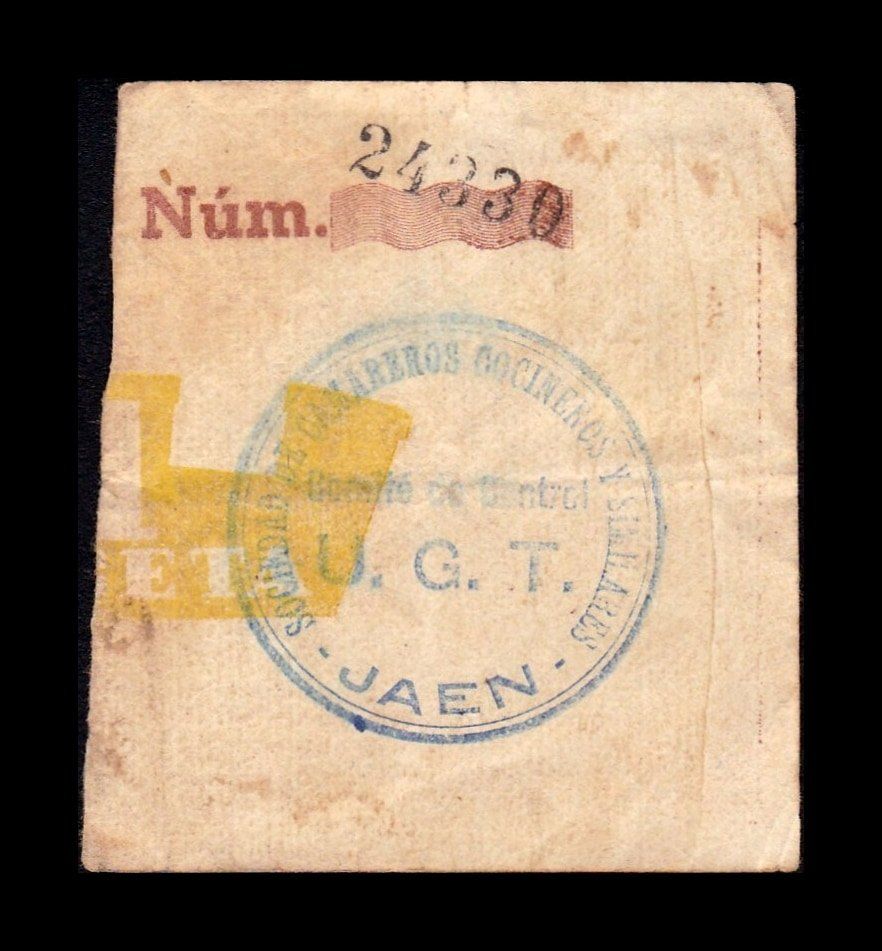 Alternative view of España Billete Local Guerra Civil Medio Billete U.G.T. Jaén 1 Peseta 1937 BC- G