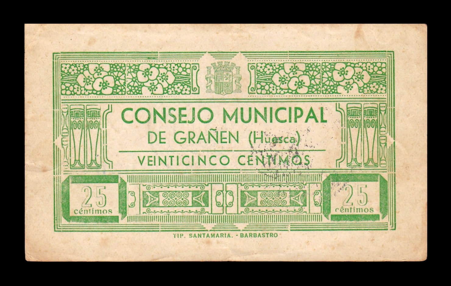 España Billete Local Guerra Civil Grañén Huesca 25 Céntimos 1937 MBC+ VF+