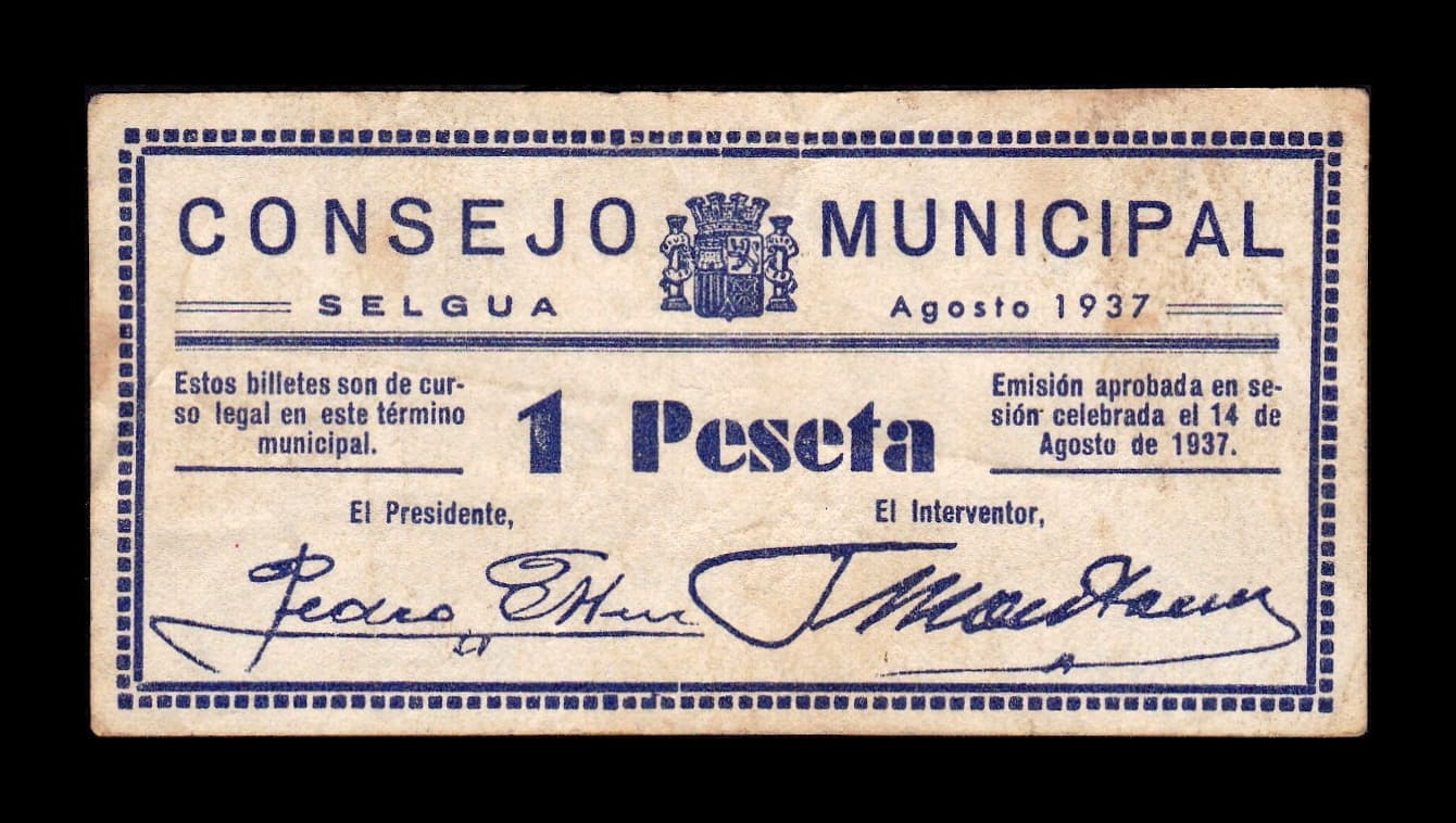 España Billete Local Guerra Civil Selgua Huesca 1 Peseta 1937 MBC VF