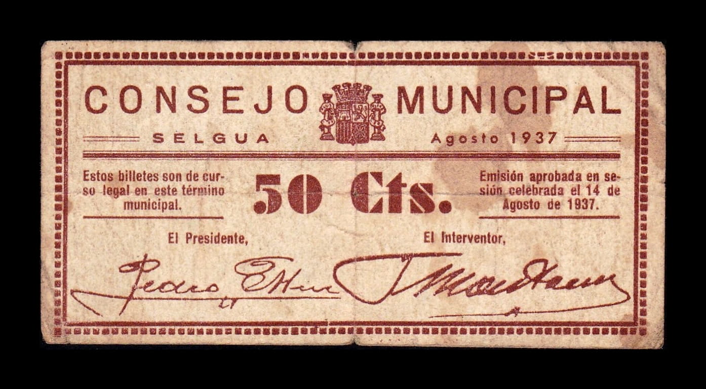 España Billete Local Guerra Civil Selgua Huesca 50 Céntimos 1937 BC F