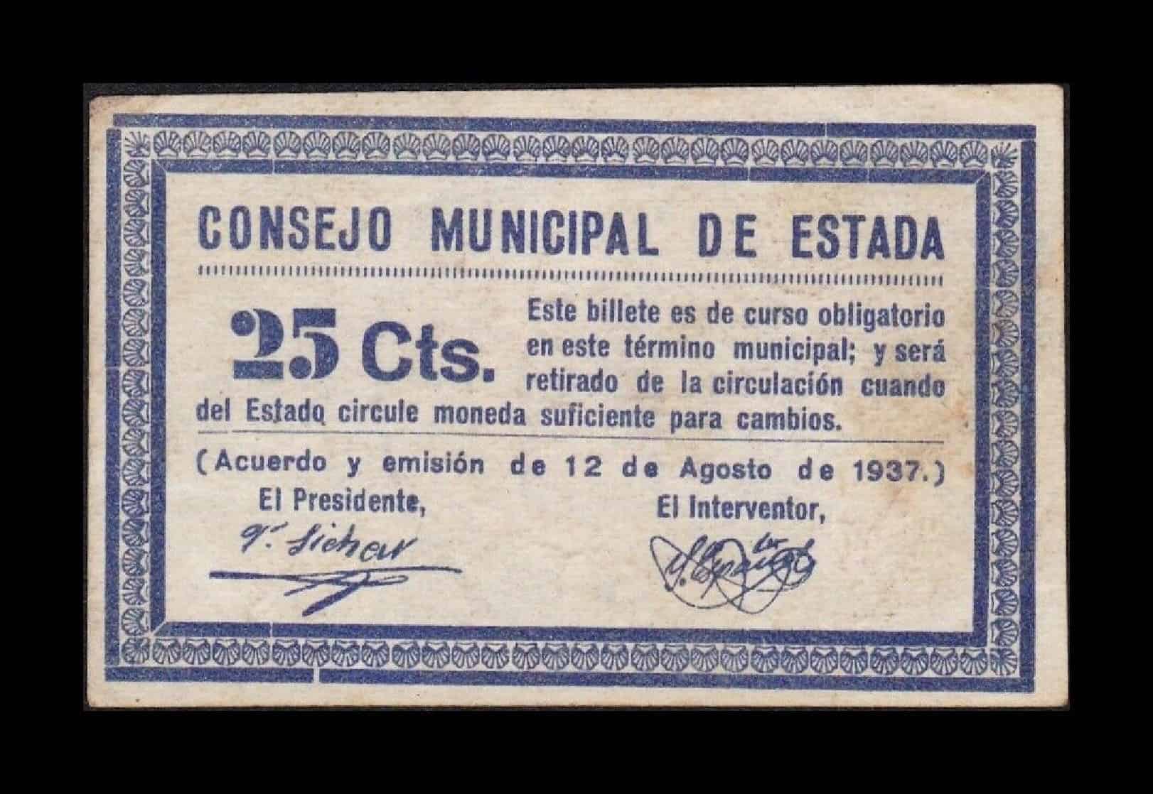 España Billete Local Guerra Civil Estada Huesca 25 Céntimos 1937 MBC VF