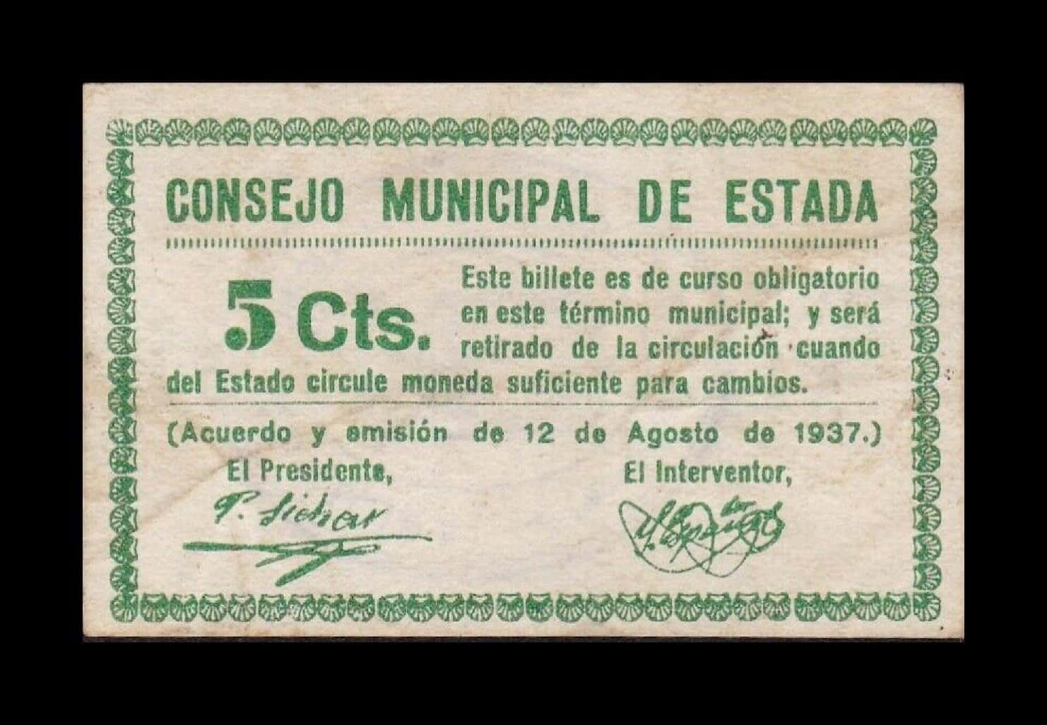 España Billete Local Guerra Civil Estada Huesca 5 Céntimos 1937 MBC VF