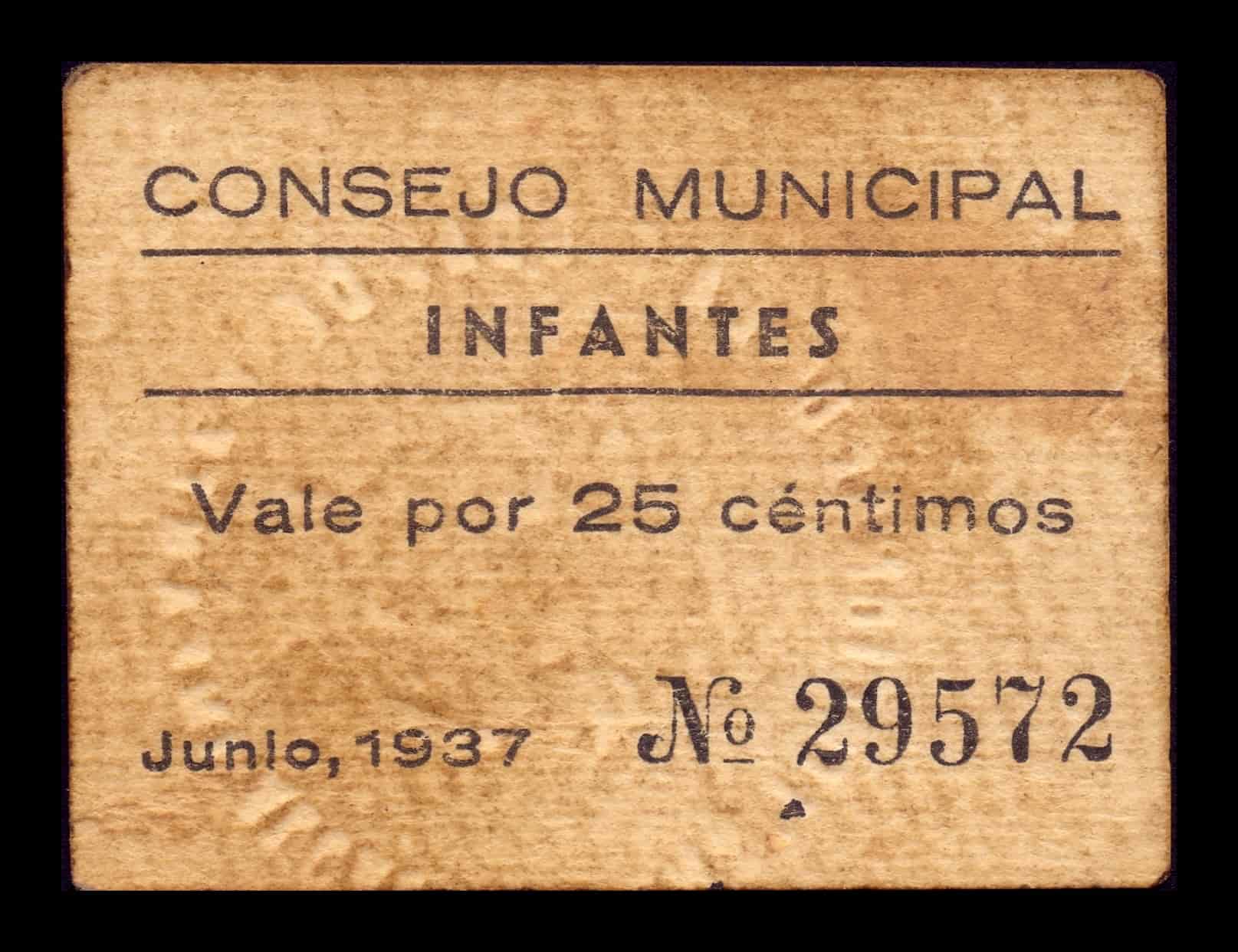 España Billete Local Guerra Civil Infantes Ciudad Real 25 Céntimos 1937 MBC VF