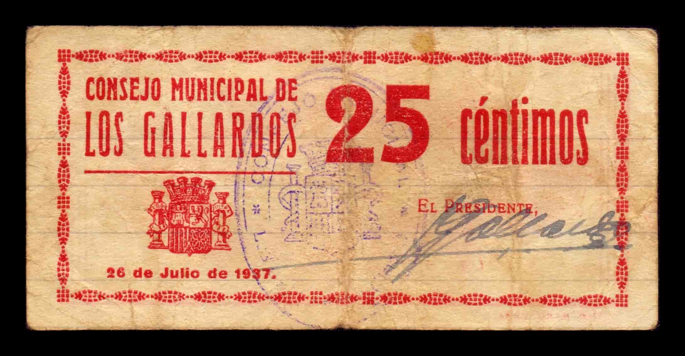 España Billete Local Guerra Civil Los Gallardos Almería 25 Céntimos 1937 MBC VF