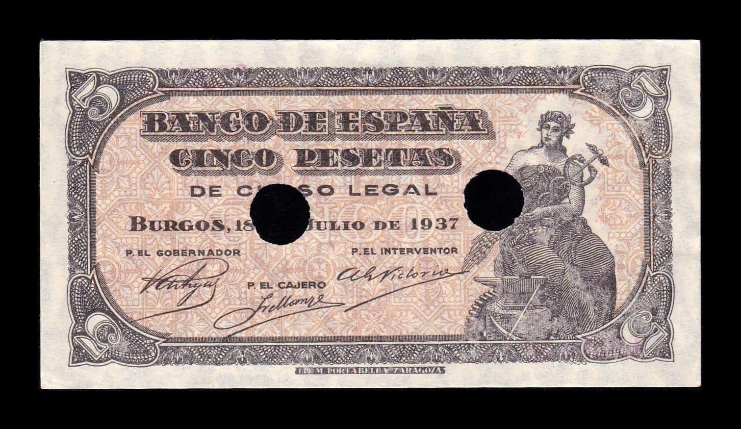 España 5 Pesetas Portabella 1937 Pick 106 Taladrado SC- aUNC