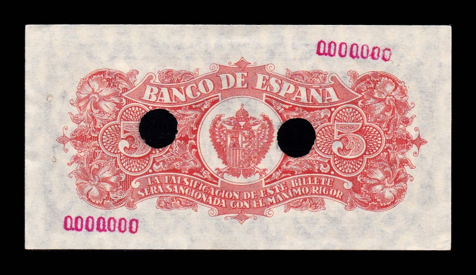 Alternative view of España 5 Pesetas Portabella 1937 Pick 106 Taladrado SC- aUNC