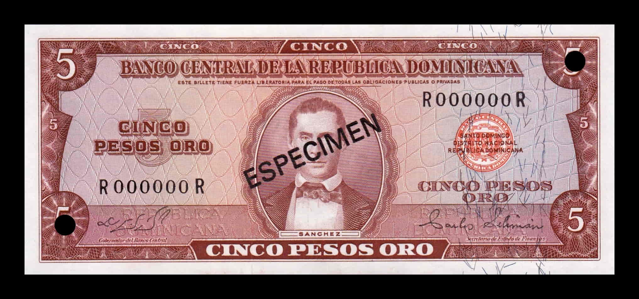 República Dominicana 5 Pesos Oro 1974 Pick 100As(4) Specimen SC UNC