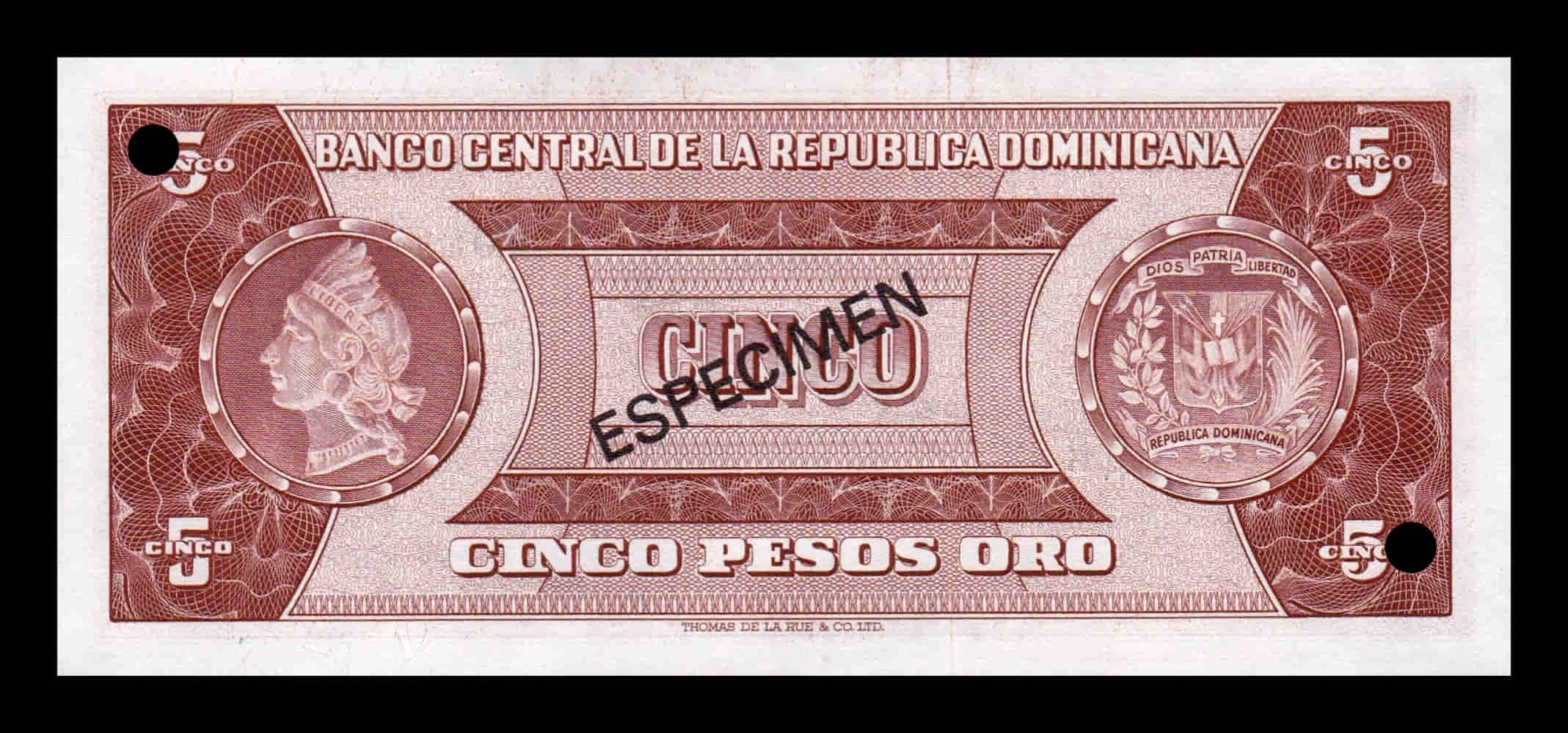 Alternative view of República Dominicana 5 Pesos Oro 1974 Pick 100As(4) Specimen SC UNC
