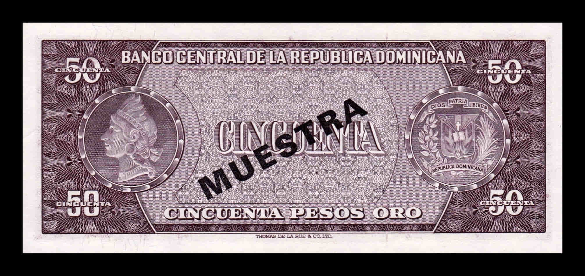 Alternative view of República Dominicana 50 Pesos Oro 1971 Pick 103As(2) Specimen SC UNC