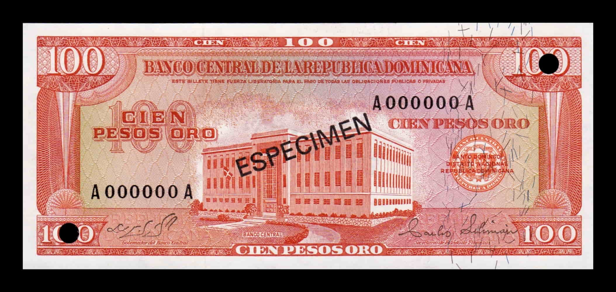 República Dominicana 100 Pesos Oro 1973 Pick 104As(4) Specimen SC UNC