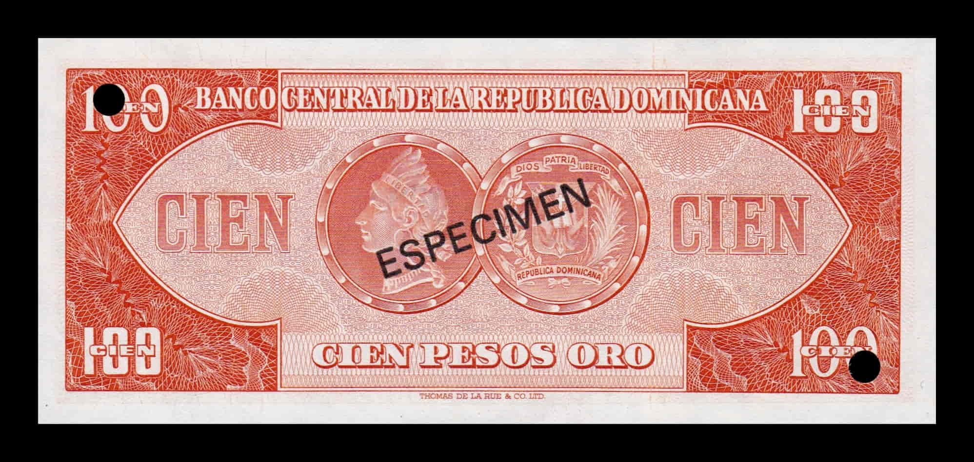 Alternative view of República Dominicana 100 Pesos Oro 1973 Pick 104As(4) Specimen SC UNC