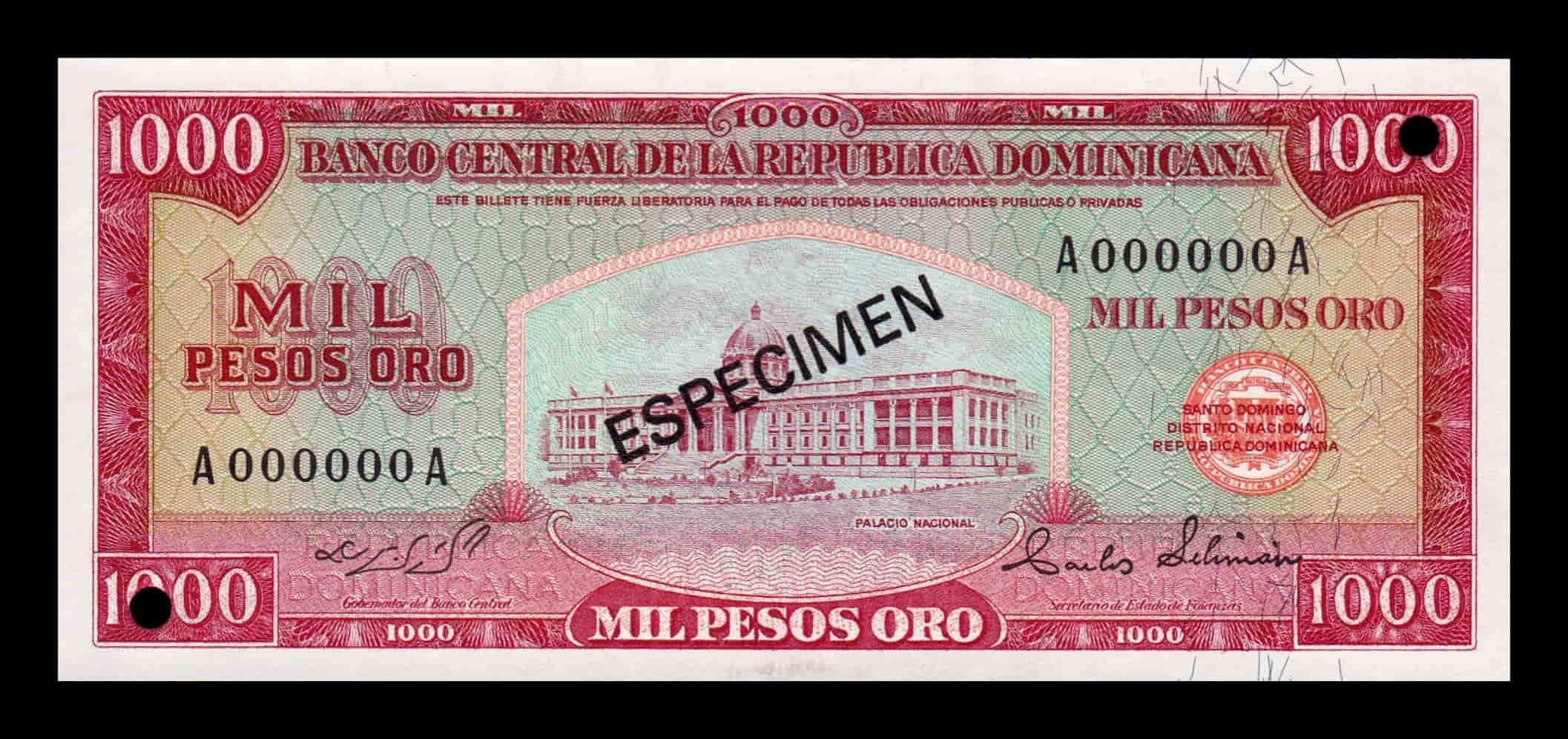 República Dominicana 1000 Pesos Oro 1974 Pick 106As(2) Specimen SC UNC