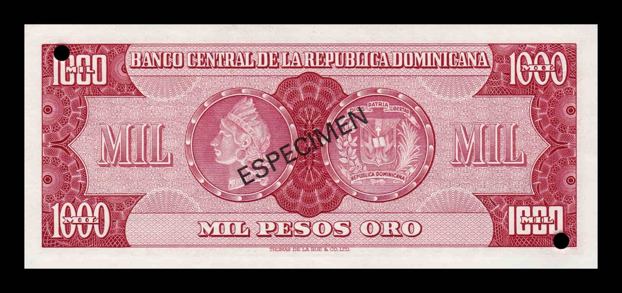 Alternative view of República Dominicana 1000 Pesos Oro 1974 Pick 106As(2) Specimen SC UNC
