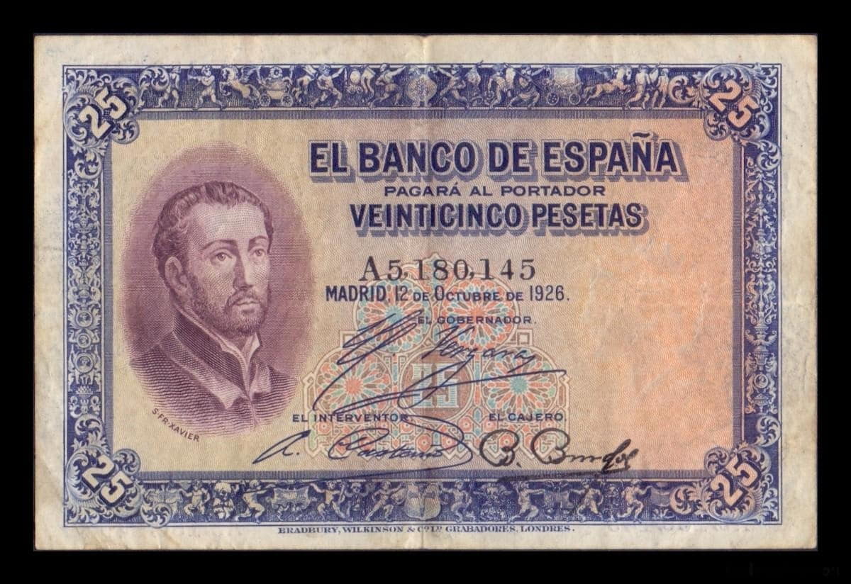 España 25 Pesetas San Francisco Xavier 1926 Pick 71 Con Sello República T.145 MBC VF