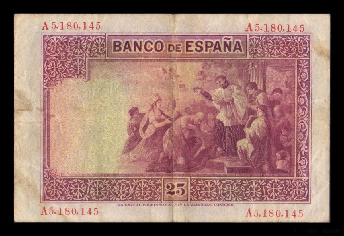 Alternative view of España 25 Pesetas San Francisco Xavier 1926 Pick 71 Con Sello República T.145 MBC VF