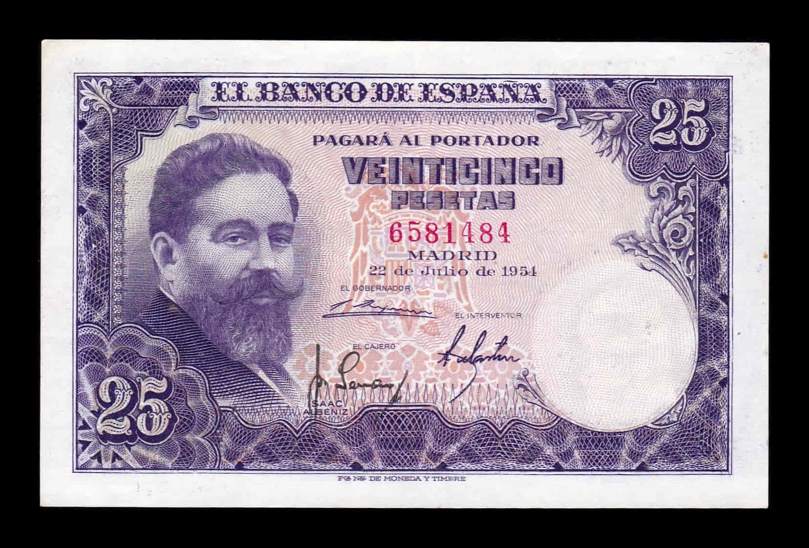 España 25 Pesetas Isaac Albeniz 1954 Pick 147 Sin serie Ebc Xf