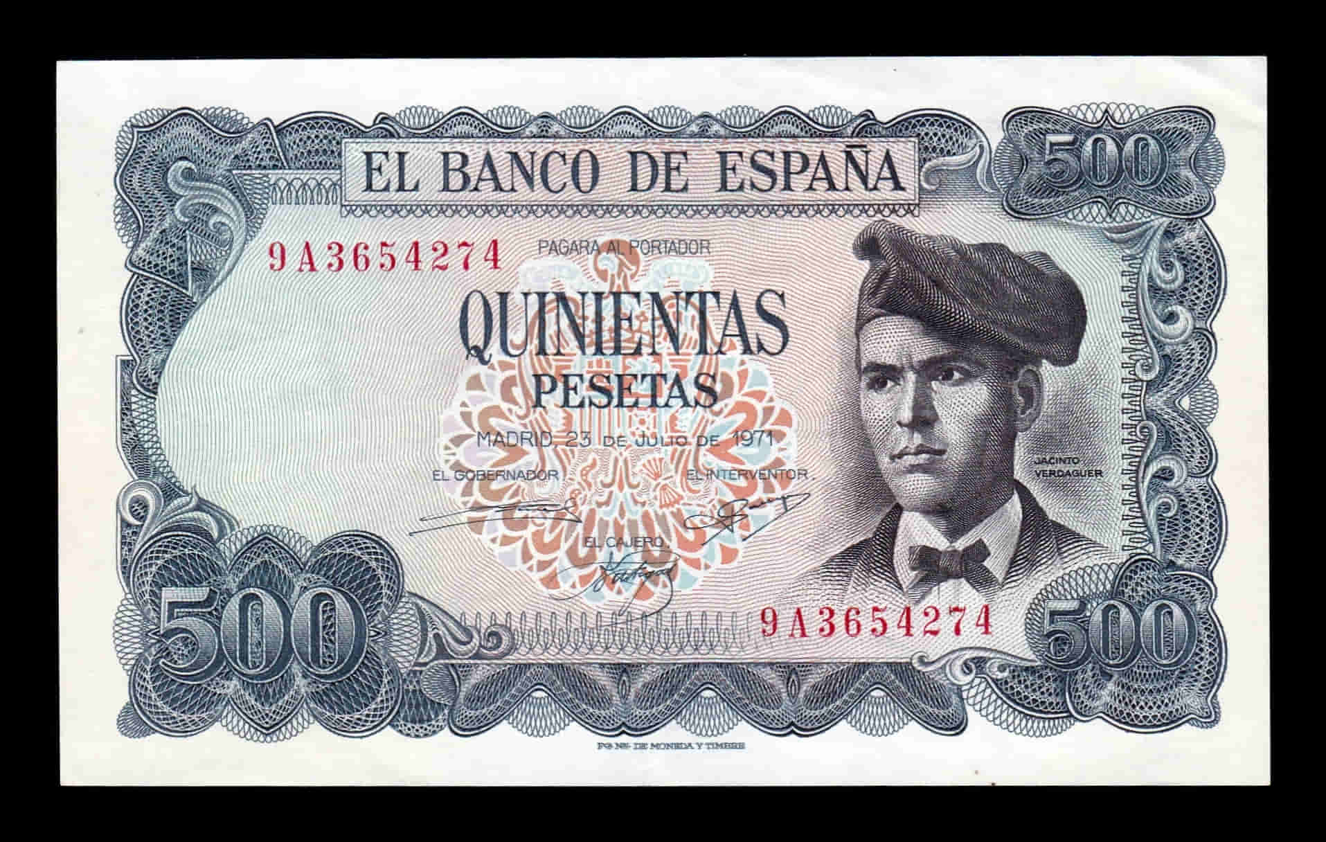 España 500 Pesetas Jacinto Verdaguer 1971 Pick 153r Reposición Ebc Xf