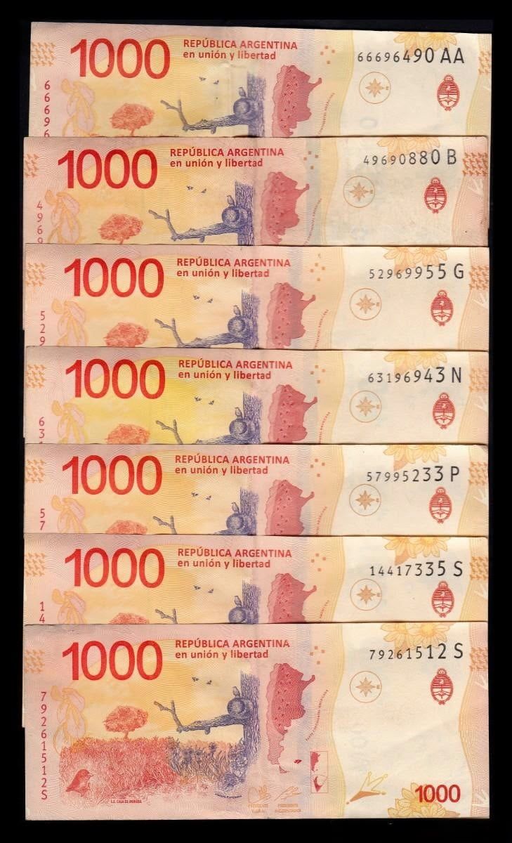 Alternative view of Argentina Set 7 billetes 1000 Pesos Hornero 2017-2022 Pick 366 Mbc/+ Vf/+