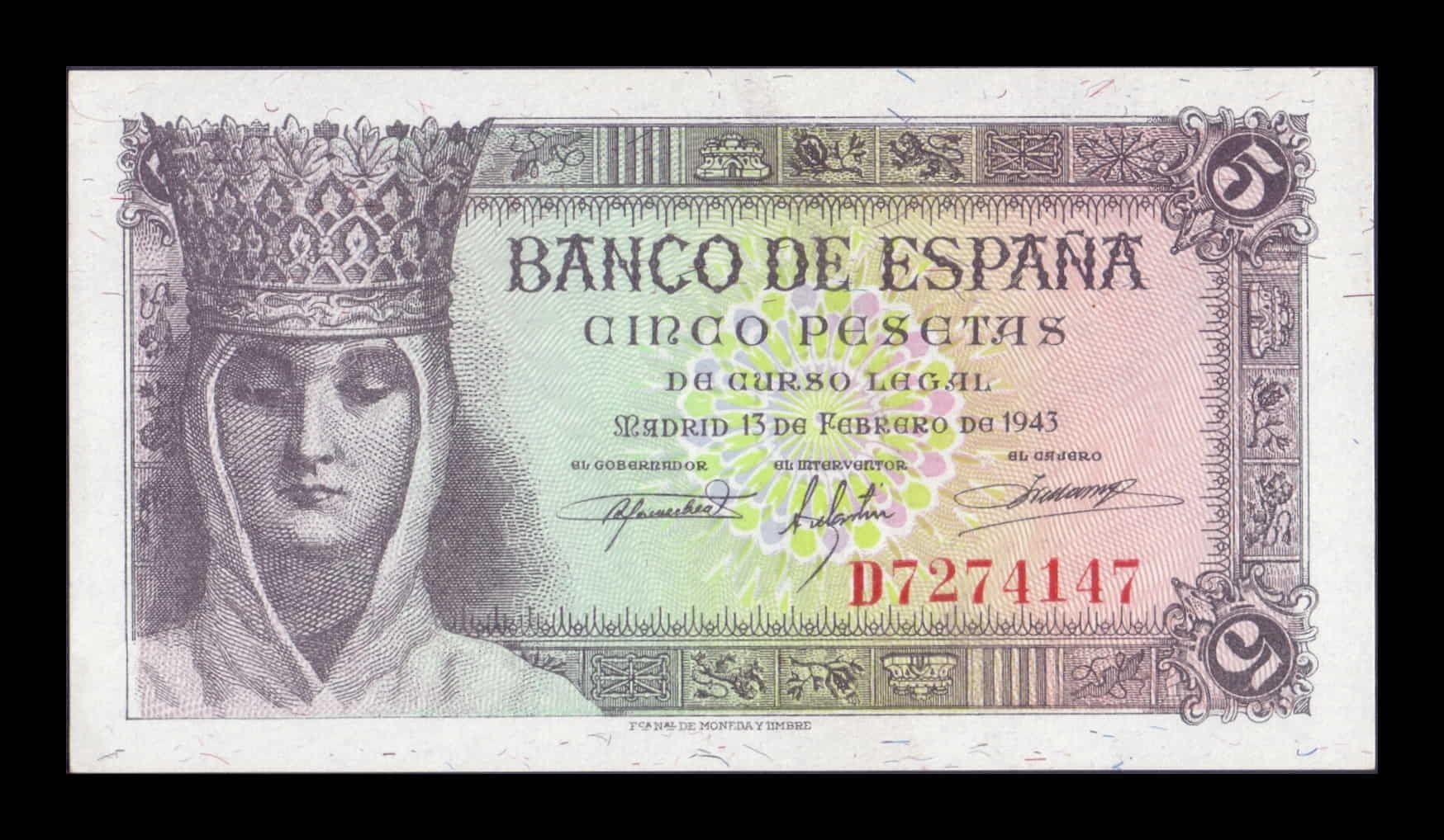 España 5 Pesetas Isabel I de Castilla 1943 Pick 127 Serie D Sc Unc