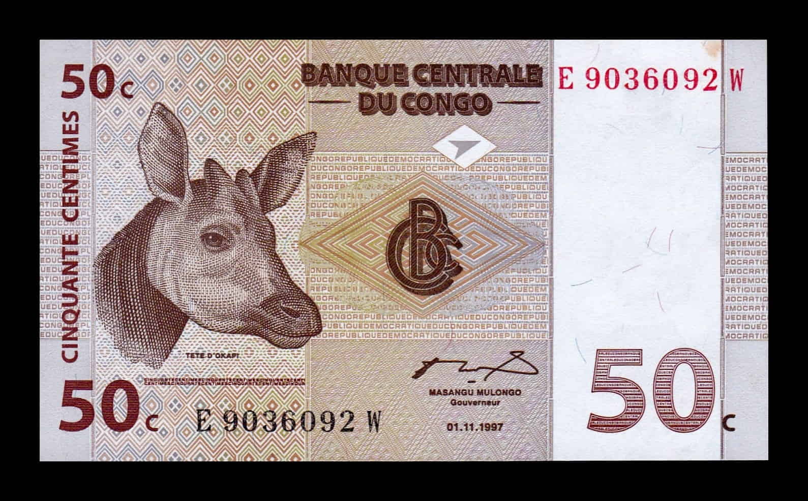 Congo República Democrática 50 Centimes 1997 Pick 84A Sc- aUnc