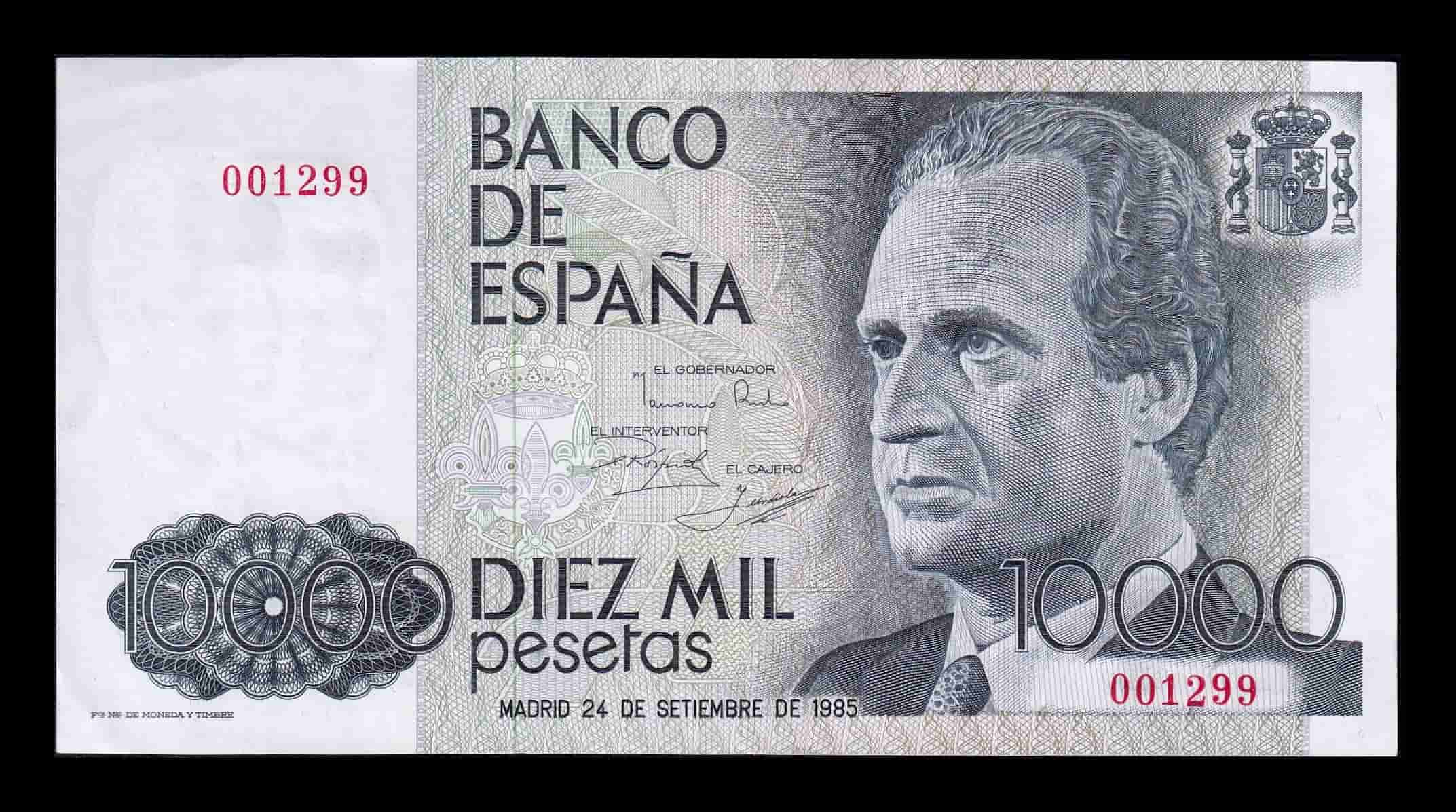 España 10000 Pesetas 1985 Pick 161 Sin serie Numeración baja Sc- aUnc