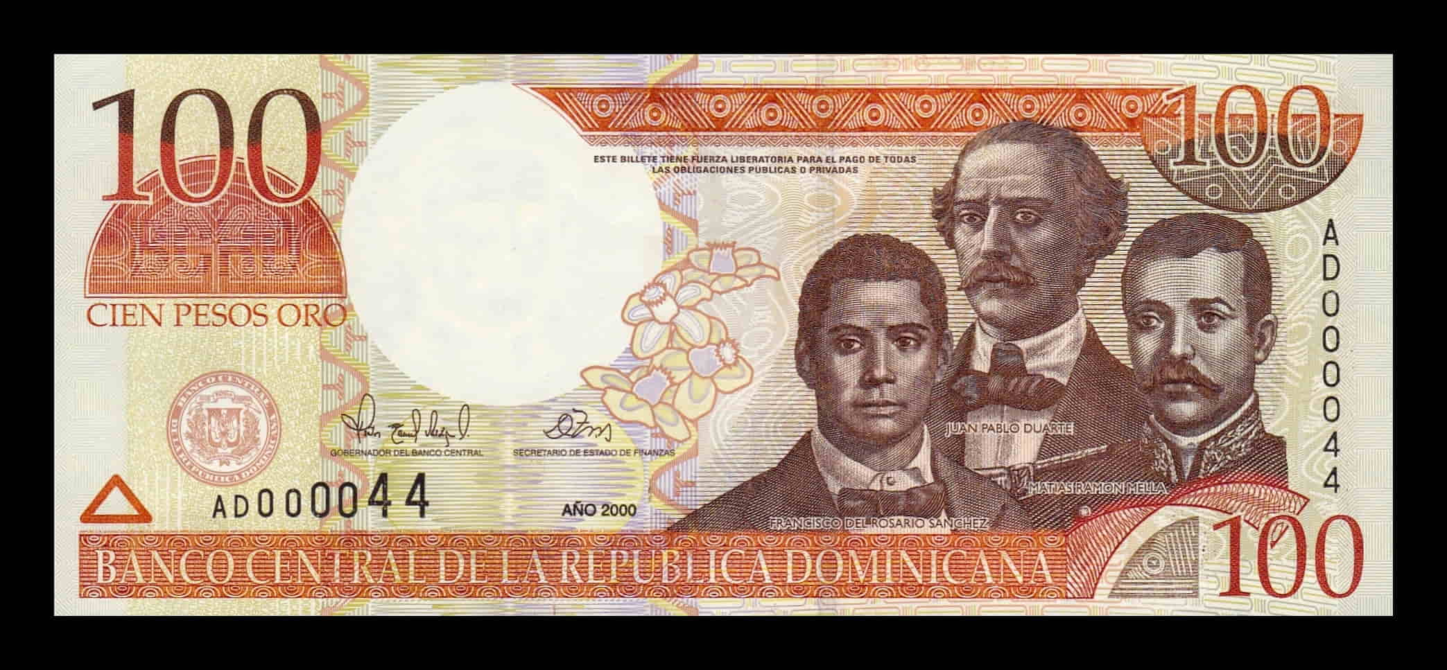 República Dominicana 100 Pesos Oro 2000 Pick 167 Numeración baja 44 Sc Unc